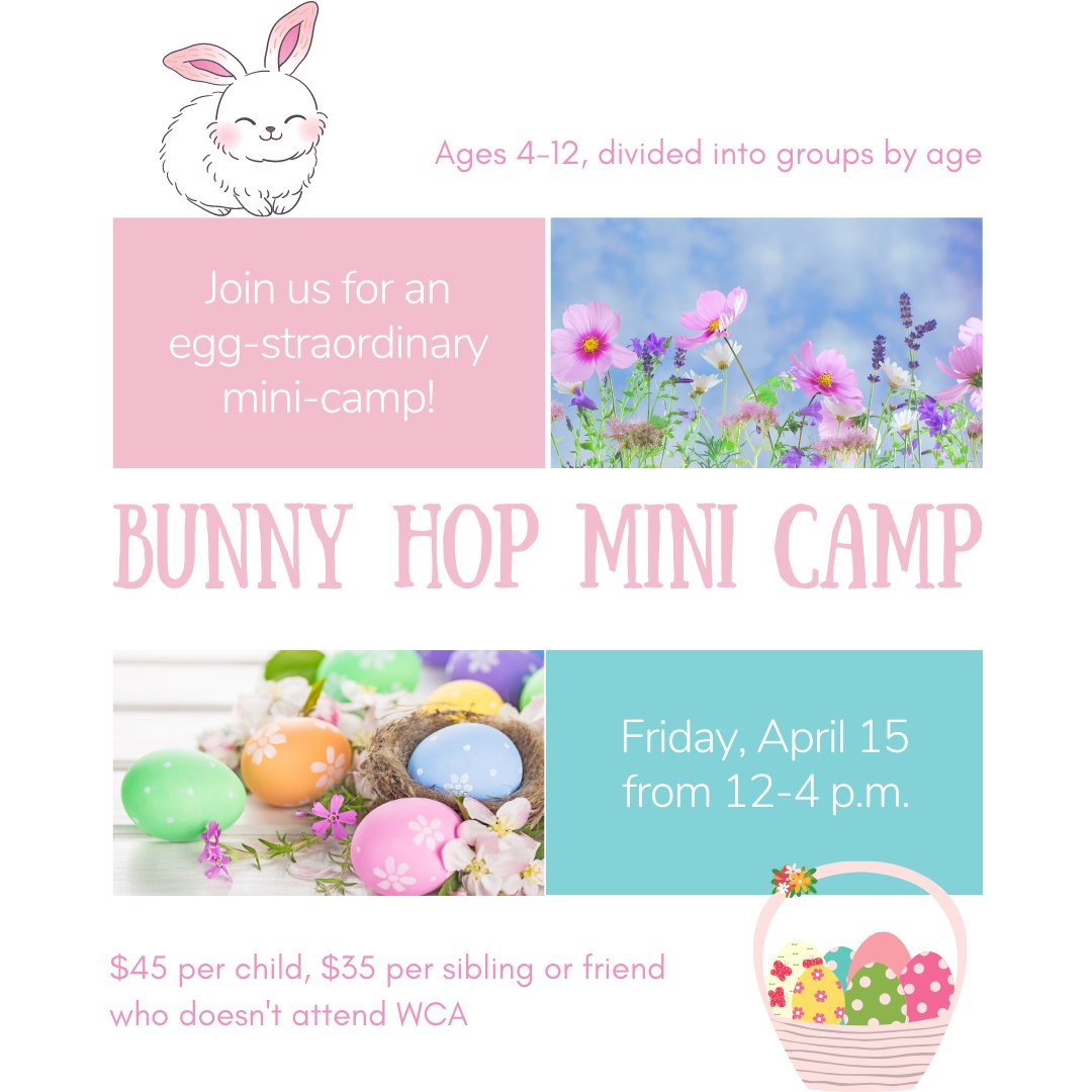 WestChesAcademy's tweet photo. This fun-packed mini-camp includes dancing, gymnastics, acting improv, a craft, and a snack, as your child hippety hops through an eggstra-special afternoon of fun!  Contact the Front Desk to sign up.🐰 https://t.co/81JkB0MdV8