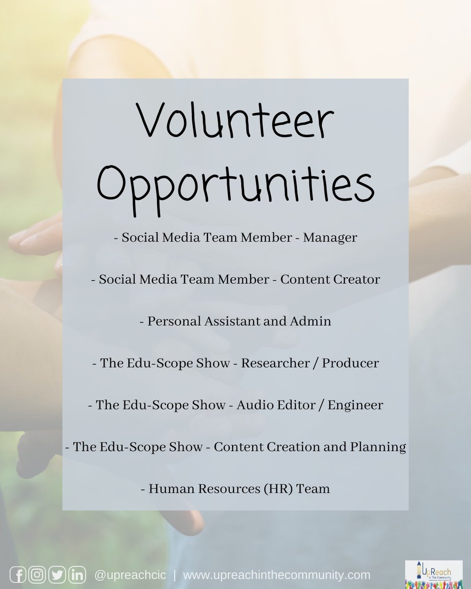 Would you like to gain new knowledge and experience through offering your time to a good cause?

We have some amazing new opportunities for people to join our amazing team at UpReach In The Community!