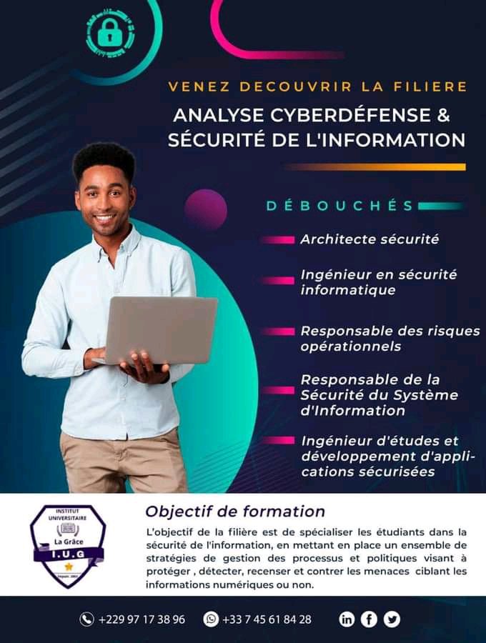 IUG229's tweet photo. [Nos Formations 💻]

Decouvrez notre filière: ANALYSE CYBERDÉFENSE &amp; SÉCURITÉ DE L'INFORMATION 

L’objectif de la filière est de spécialiser les étudiants dans la sécurité de l'information, 
1/2 https://t.co/2ciL6Zd603