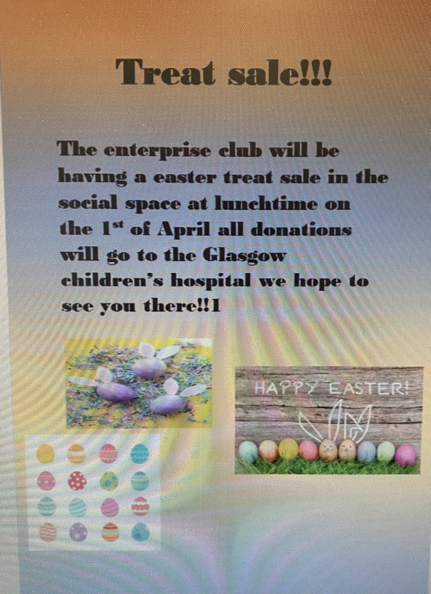 Well done Niamh (1P) for using your ICT skills to create a poster for our Charity treat sale on Friday🐣🍫 proceeds will be going to Glasgow Children’s Hospital! 💜 <a href="/St_Andrews_Acad/">St Andrew's Academy</a> <a href="/StAndrewsIct/">St Andrew’s Academy ICT Department</a>