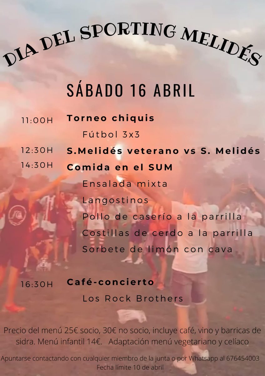 SportingMelides's tweet photo. 🤪 ¡DÍA DEL SPORTING MELIDÉS!

👉 El sábado 16 de abril celebraremos el Día del Sporting Melidés con varios actos.

⚽ Los chicos y chicas que quieran participar en el torneo pondrán apuntarse hasta media hora antes.

¡Anímate y celebra este gran día con nosotros! https://t.co/nDp4PdEBWt