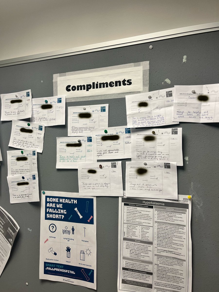 AMU has a comments box where staff can drop anon positive feedback about colleagues (left)

Someone - an AMU nurse I assume - has taken time to stick all the pos feedback about jr docs up in their office (right) to they can read all the nice stuff their colleagues say about them