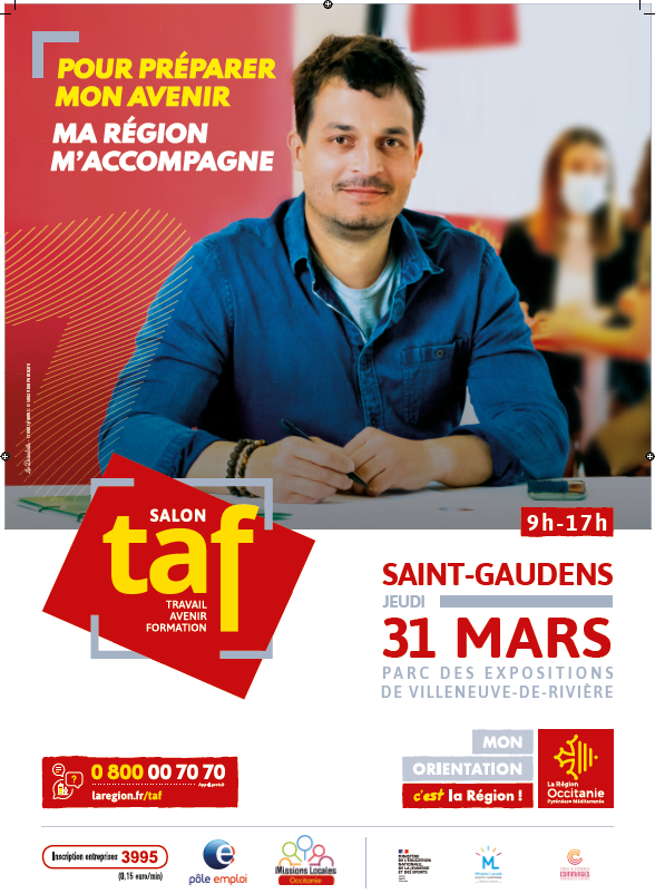 Le Pôle Emploi de Saint Gaudens et la Région Occitanie vous attendent nombreux demain au TAF du Comminges #TAF #TousMobilises
👉7⃣7⃣ entreprises présentes
👉 3⃣0⃣0⃣ offres d'emploi proposées
👉 Plus d'une centaine de partenaires et organismes de formation
@Poleemploi_oc