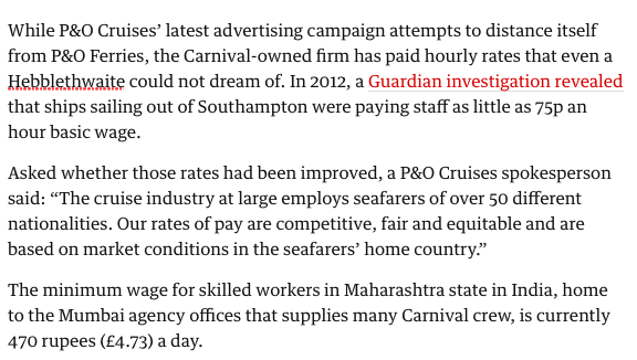 P&amp;O Cruises are running ad campaigns to distance themselves from P&amp;O Ferries' decision to fire all their staff and replace them with cheap workers while, er, declining to explain what they actually pay their staff. theguardian.com/business/2022/…