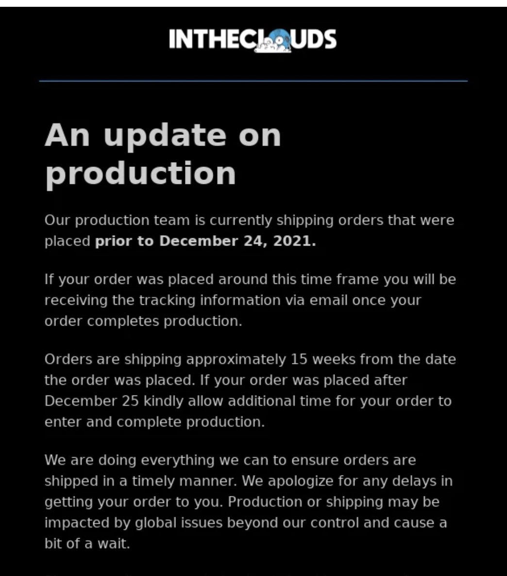 ~15 weeks for orders to ship