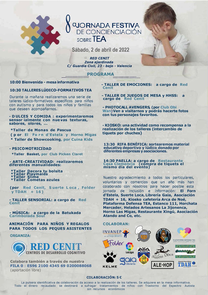 RedCenit's tweet photo. Os recordamos que el sábado 2 de abril será nuestra Jornada de Concienciación sobre el #TEA. 
¡Estaremos en la zona ajardinada de C/ Guardia Civil, 23 a partir de las 10:00 h. con un montón de actividades para todos!
@CBClaret @cuinakids @tdahmas16 @defensatea @FolderValencia https://t.co/sItKkBbt23