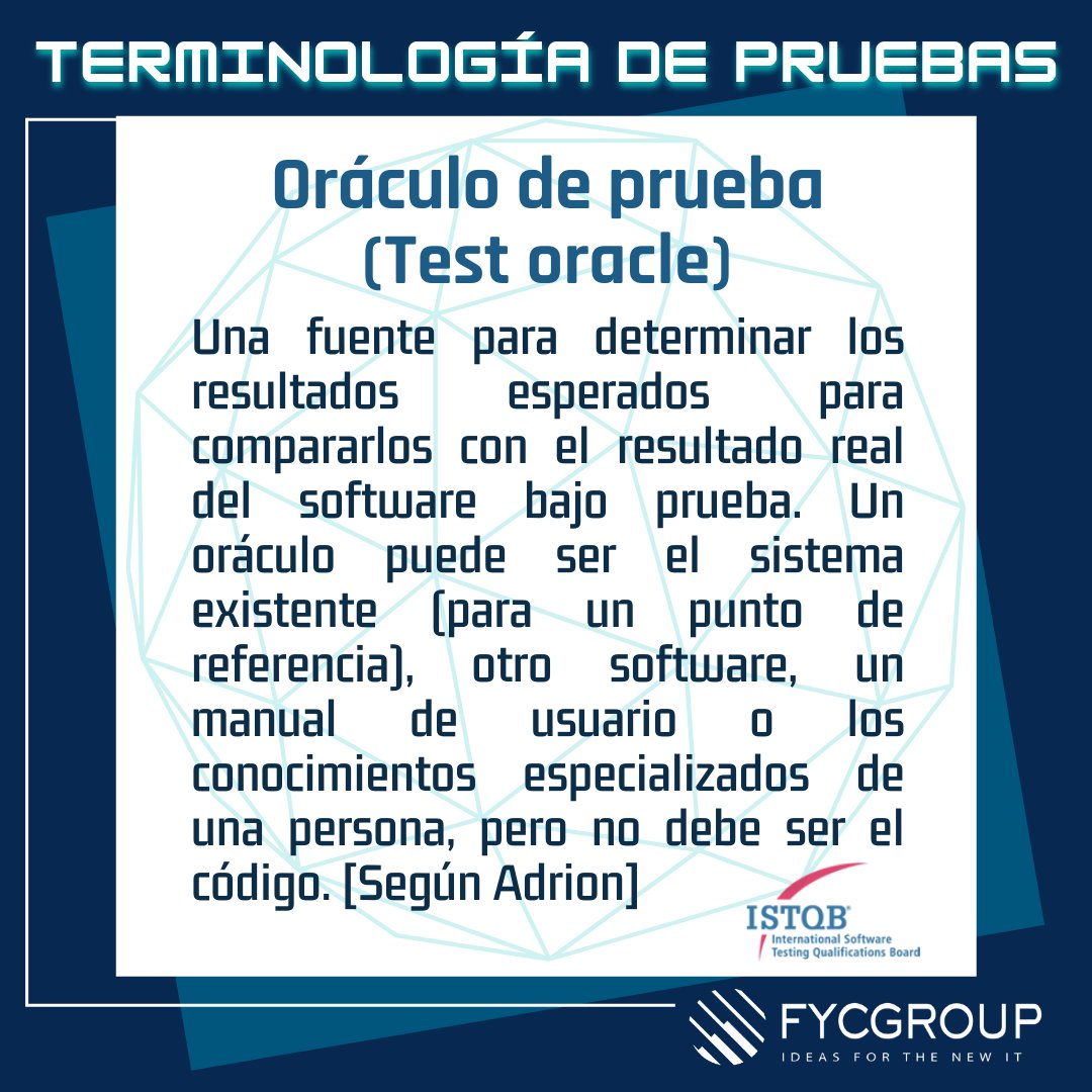 fycgroup's tweet photo. 📖Conoce con #FYCGroup la #TerminologiadePruebas en español 👩‍🏫 de #ISTQB

🐞Oráculo de Prueba 🐞 (Test oracle)

✨#FYC pionero en la viralización del conocimiento del software testing en Venezuela... 👏

#HASQTB #SSTQB #Testoracle #SoftwareTesters #Pruebasdesoftware #Sistemas https://t.co/92y2g59c1F