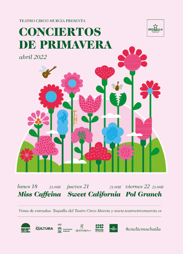 InformajovenMur's tweet photo. 📢Ya están aquí las Fiestas de Primavera‼️ y con ellas regresan los Conciertos De Primavera al @teatrocircomur 👏con  Miss Caffeina, Sweet California y Pol Granch🎸🎤 y esta vez podrás estar sentado... o bailar!!💃🕺
Info👉https://t.co/TG8Jsk4SCq #Murcia #Juventud #OcioSeguro https://t.co/4EzB77AOi4