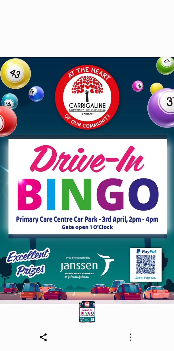 🚨DATE for your Diary 🚨DRIVE in BINGO FUNraising event - this Sun (03rd Apr 2022) Carrigaine Primary Care Centre carpark (P43 PX99)🚨fb.me/e/33o858BK2