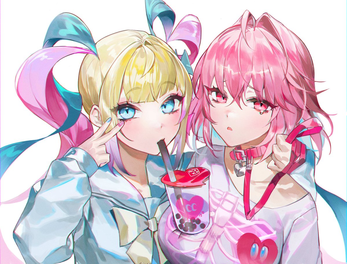 yumemi riamu multiple girls pink hair 2girls collar quad tails blue eyes blue hair  illustration images