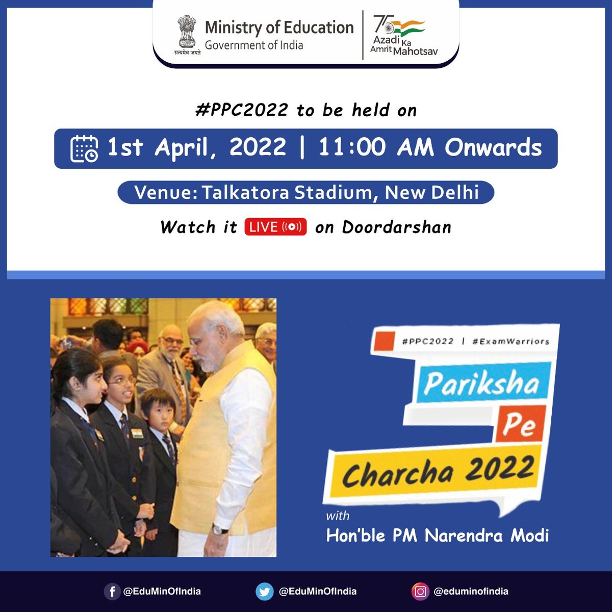 EduMinOfIndia's tweet photo. Maintaining concentration during exams becomes easier for students with the right guidance. Get ready to learn &amp; adopt inspirational lessons from Hon’ble PM Shri @narendramodi at #PPC2022 &amp; excel in your studies. Only 2 days to go! #ExamWarriors https://t.co/u0eQvzKC60