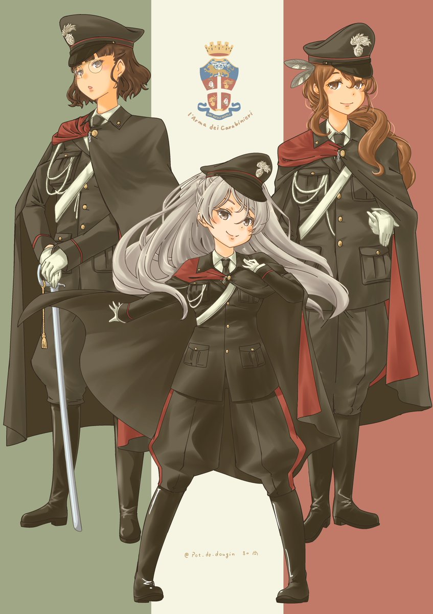 littorio (kancolle) ,roma (kancolle) multiple girls 3girls uniform long hair brown hair italian flag military uniform  illustration images
