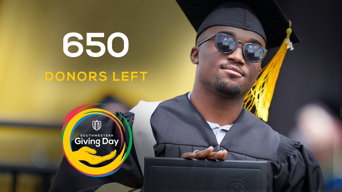 SouthwesternU's tweet photo. With a little under 5 hours left in Southwestern Giving Day, we need 650 donors to reach our goal! Make your gift now to #LiftUpSU and make a difference in the lives of current and future SU students. 

https://t.co/f4vZ1o2EPf https://t.co/U1kYvARrEN