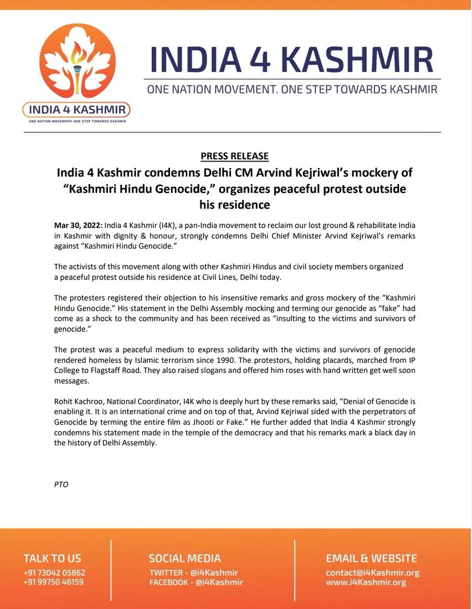 i4Kashmir's tweet photo. Press Release

India 4 Kashmir condemns Delhi CM Arvind Kejriwal's insensitive remarks &amp; gross mockery of the Kashmiri Hindu Genocide!

#GetWellSoonKejriwal https://t.co/dMuiLc9NqI