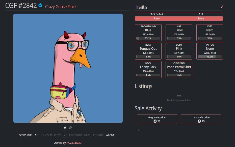 GM #Algofam👻

One lucky buyer of the shuffle will get this <a href="/CrazyGooseFlock/">Crazy Goose Flock</a>!
Rank 743🔥

I will randomize the winner from all 100 Ghosteez so the more you buy the more chance you get!

Shuffle is live now on Rand Gallery!
randgallery.com/algo-collectio…

Good luck!

#Algorand #NFT #algo