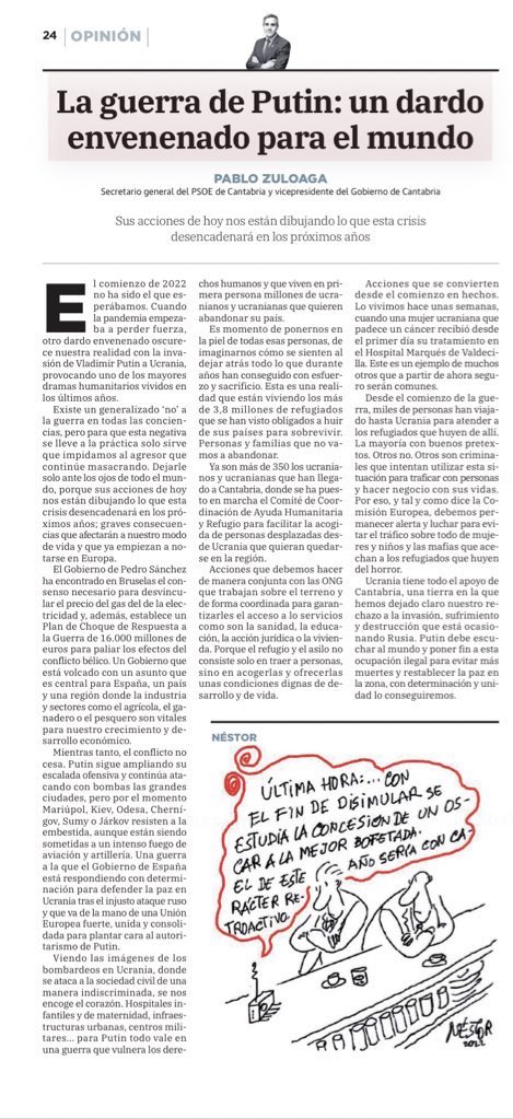 Pablo_Zuloaga's tweet photo. 🗞 Ya son más de 350 las personas que han llegado a #Cantabria desde #Ucrania. La invasión de Putin es un dardo envenenado al mundo que está generando consecuencias, a las que el Gobierno central y regional responden con contundencia. Hoy escribo sobre ello en @dmontanes👇 https://t.co/aZaX76Y7ig