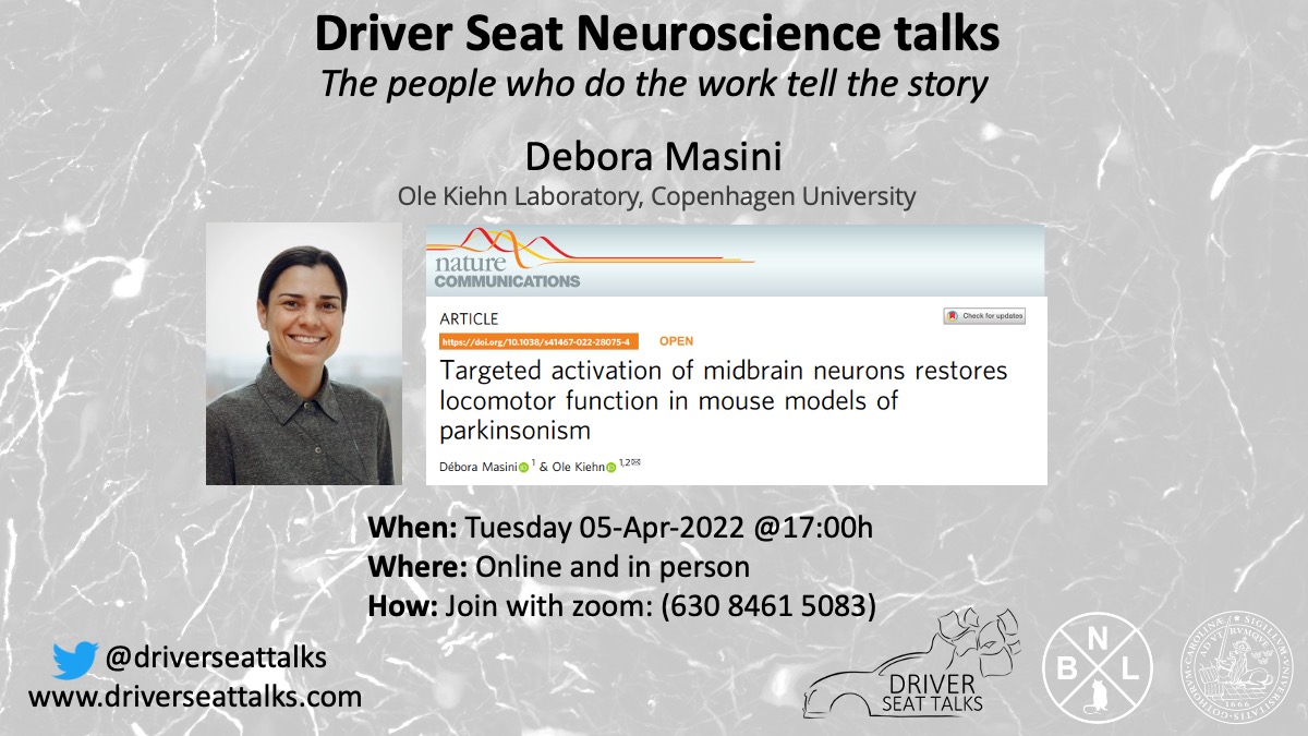 driverseattalks's tweet image. Next up, we are pleased to welcome Débora Masini from #TheBrainPrize winning @KiehnLab into the Driver Seat, presenting her @NatureComms paper on restoring locomotor function in PD models.

Join us on Tuesday 05-April-22 at 17:00h CEST!

#OpenScience #neuroscience #ScienceTwitter