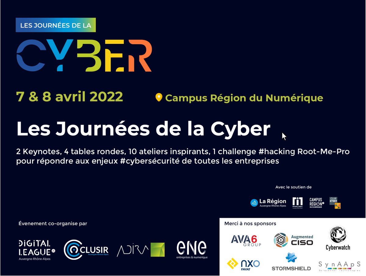 📅 Les 7 et 8 avril 2022, le <a href="/CampusRegion/">Campus Région du numérique</a> accueille les Journées de la Cyber, 2 jours pour vous mettre à niveau sur la #cybersécurité 🔐 
<a href="/auvergnerhalpes/">Auvergne-Rhône-Alpes</a> <a href="/Digitaleague/">Digital League</a> <a href="/ENE_69/">Entreprises&Numérique</a> <a href="/Clusir_ARA/">CLUSIR Auvergne-Rhône-Alpes</a> <a href="/ADIRA_asso/">ADIRA</a> 
Pour en savoir ➕👇campusnumerique.auvergnerhonealpes.fr/evenement/les-…