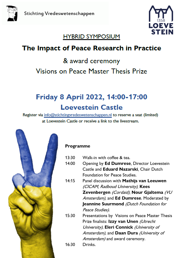 Want to know where the field of #peaceandconflictstudies is headed? Or have ideas about where it should go? Join our discussion on April 8th, online or live @ <a href="/slotloevestein/">Slot Loevestein</a> 
stichtingvredeswetenschappen.nl/symposium/