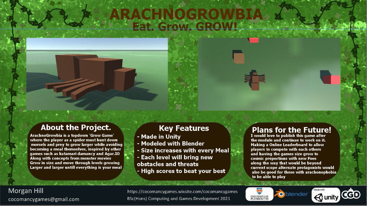 CocomancyGames's tweet photo. had to make a posted for my project. if this isn't something to share. I dunno what is. while it's not been going as well as I hopes I have big ideas and high hopes for arachnogrowbia! (also very proud of my pun name) #gamedev https://t.co/K6E8lX7Gir