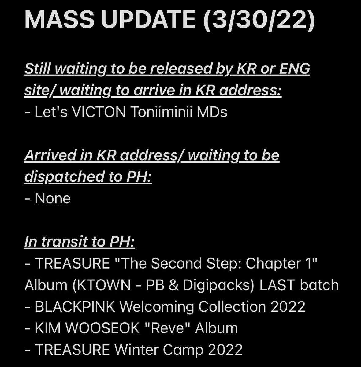 LINE94PH's tweet photo. #LINE94UPDATES
Mass updates for this week ✨
Shipment of ALL ONHAND Treasure albums (including albums that are for pooling and some albums from KTOWN) are on-going.
Thank you for your patience and please do make reading a habit 💗
Thank you! 💛 https://t.co/MDPOg1igSS
