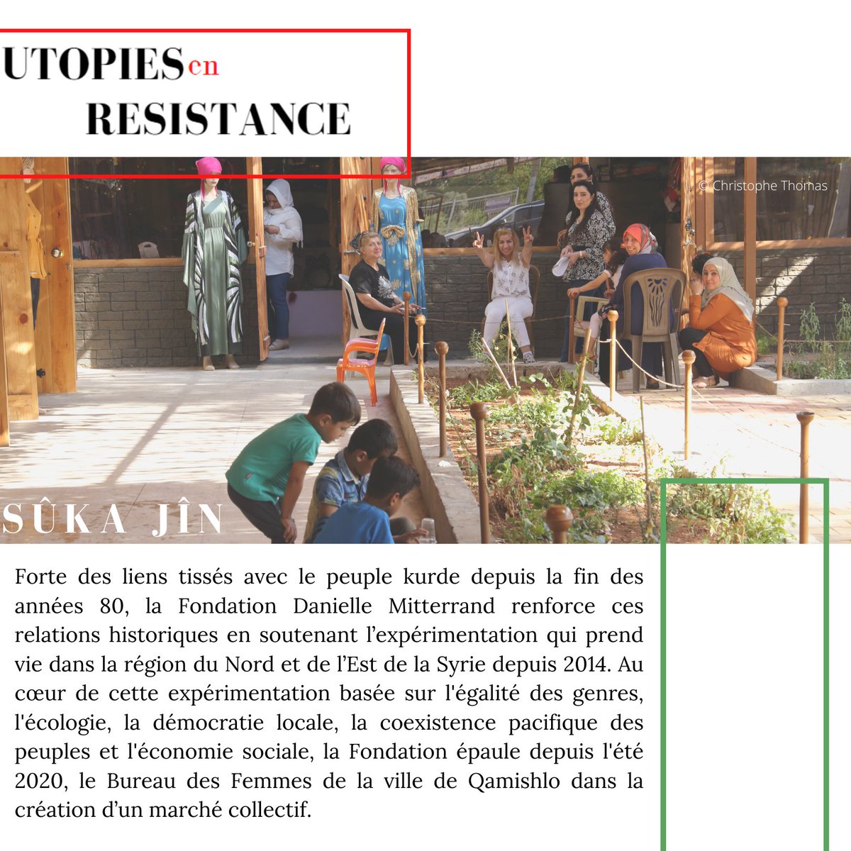 [Utopies en résistance]

Sûka Jîn/Nord-Est de la Syrie 

Des voix s'élèvent partout pour une réelle égalité en droit et en liberté, celles des femmes de la ville de Qamishlo ont trouvé écho dans la création d’un marché par et pour les femmes.

À lire ici👇
bit.ly/3DobeGW