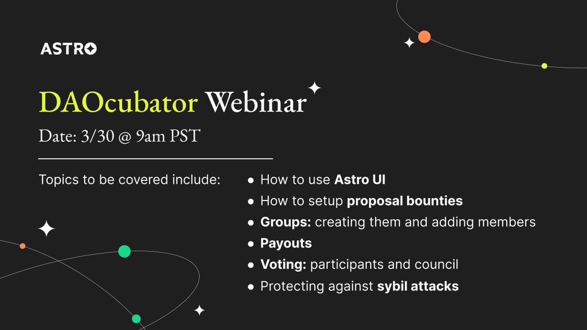 AstroDao's tweet photo. 📢 @DAOcubator is running the first of a series of webinars that'll get you from zero to hero😉

The first webisode will include a presentation with a Q&amp;A at the end.

Tune in as from 9am PST 

Register below for free!

#DAOs #DAOcubator  @AstroDao

https://t.co/4WvCyHEpRG https://t.co/qAseiNwE7F