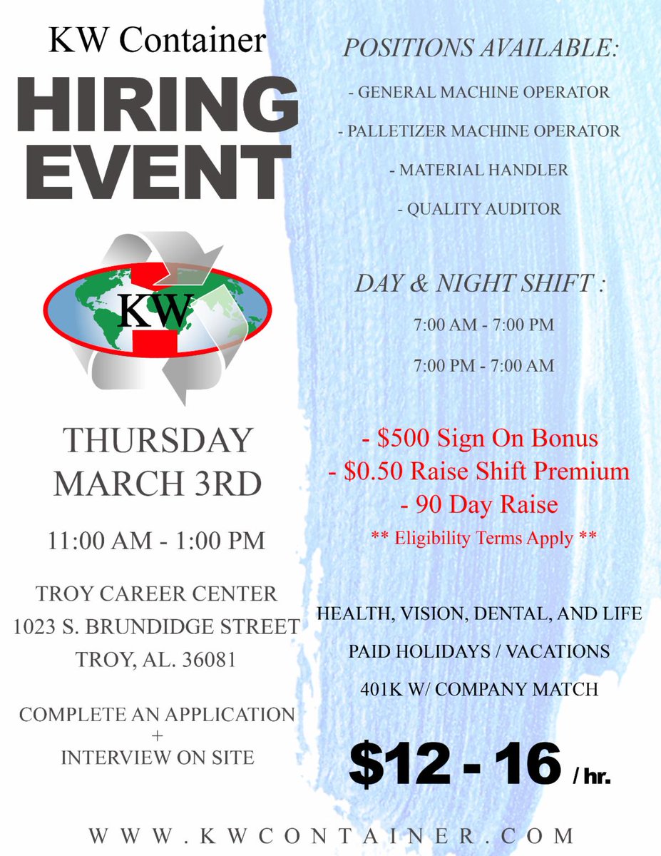 sealaworks's tweet photo. KW Container is hosting a Hiring Event, March 3rd! It will be at the Troy Career Center and you do not want to miss out on this opportunity! #kwcontainer #hiringevent #careers #troy #march3 #KW #southeastalabamaworks https://t.co/SXk21Eumvc