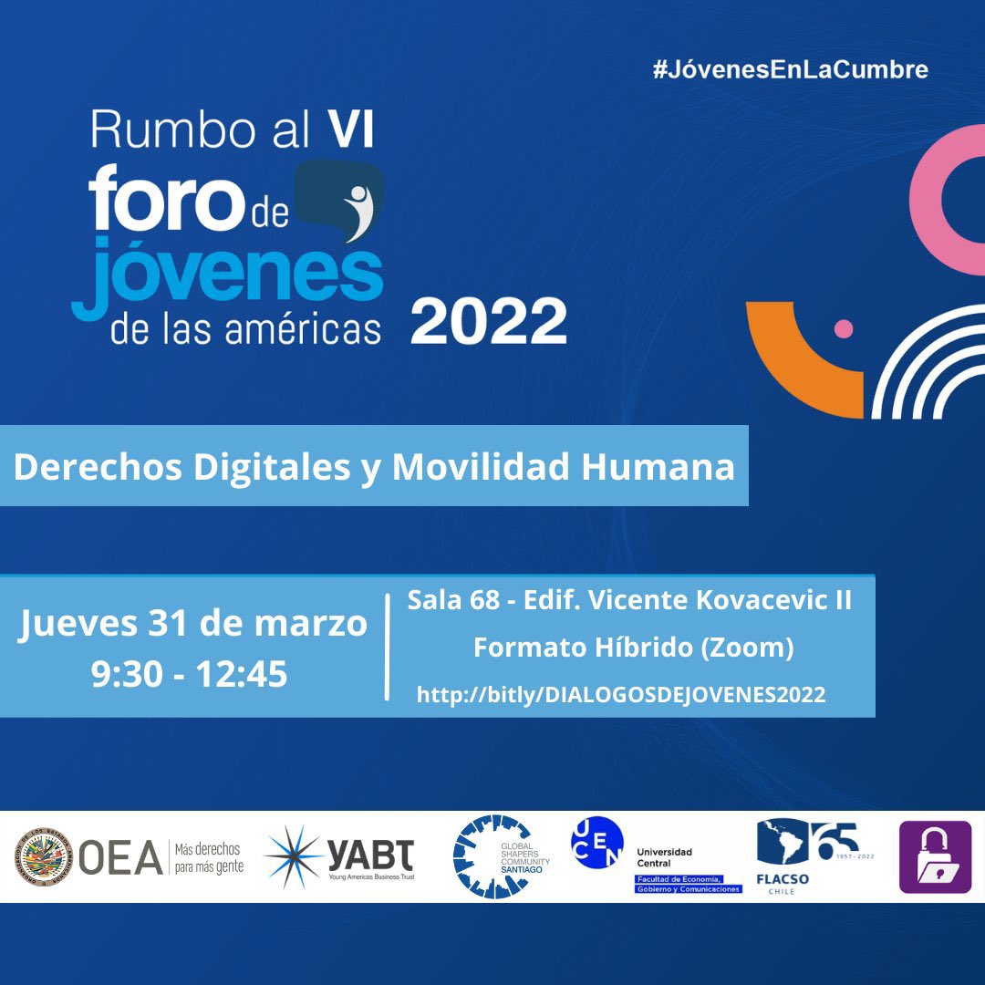#JóvenesEnLaCumbre ¡Es mañana! 

Diálogo de Jóvenes sobre Derechos Digitales y Movilidad Humana🙌🏼En el marco del llamado de <a href="/YABTs/">Young Americas Business Trust (YABT)</a> rumbo a la Cumbre de las Américas, desde <a href="/GlobalShapers/">Global Shapers</a> y demás organizaciones te invitamos a participar👉🏼ucentral.cl/noticias/fac-e…