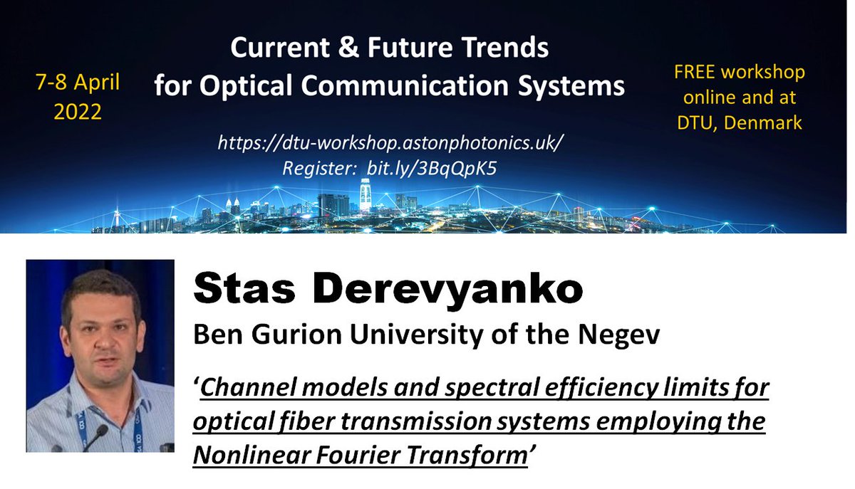 EidFonte's tweet image. FREE workshop on Current/Future Trends in #OptCom 7-8 April ONLINE
Today's spotlight on Stas Derevyanko @bengurionu:
🔸efficiency limits
🔸#optical fiber transmission
🔸Nonlinear Fourier Transform
🔸#Network applications
🔸#photonics
Schedule &amp;amp; Register:
➡️dtu-workshop.astonphotonics.uk