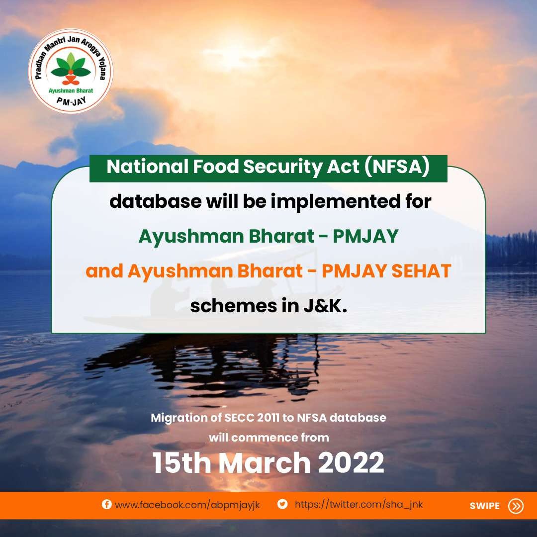 sha_jnk's tweet image. #Update
The Govt. of J&amp;amp;K has decided to use the NFSA database for implementation of the AB-PMJAY &amp;amp; AB-PMJAY SEHAT scheme. This new development is in order to resolve the beneficiary identification challenges with the SECC-2011 database. #NFSA #databaseupdate #ABPMJAYSEHAT #SEHAT