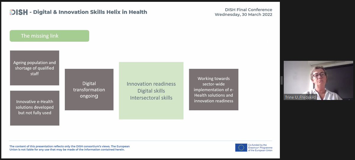 📸 Live from the #DISHproject Final Conference

'We found that the missing link to the sector-wide implementation of #eHealth solutions was to work with #DigitalSkils, #innovation readiness & intersectoral skills.'