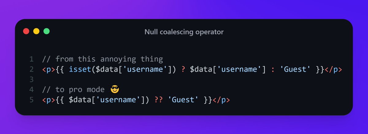 eighty9nine's tweet image. 💫 Tips for devs #40

📝PHP

Use the null coalescing operator! It returns the right-hand side operand when the left-hand side operand is null. 

#programming #TipsForDevs #100Devs #HTML