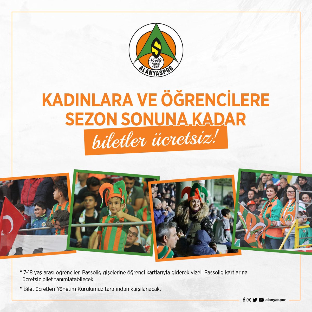 Alanyaspor's tweet photo. 📣 Kadınlara ve öğrencilere sezon sonuna kadar biletler ücretsiz!

🎟 Öğrenciler, Passolig gişelerine öğrenci kartlarıyla giderek vizeli Passolig kartlarına ücretsiz bilet tanımlatabilecek. 
ℹ️ Bilet ücretleri Yönetim Kurulumuz tarafından karşılanacak.
🔗 https://t.co/TZ8OyinUHt https://t.co/xrbVVEpny7