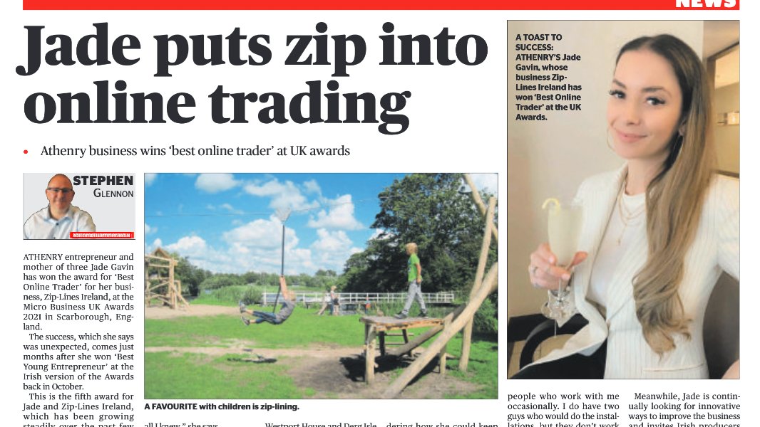 ZiplinesIreland's tweet photo. Thanks @TuamHerald for the feature :) 

#business #WomeninBusiness #Entrepreneur #irishbusiness #Irish #FemaleLed https://t.co/4ol3jCAL3o