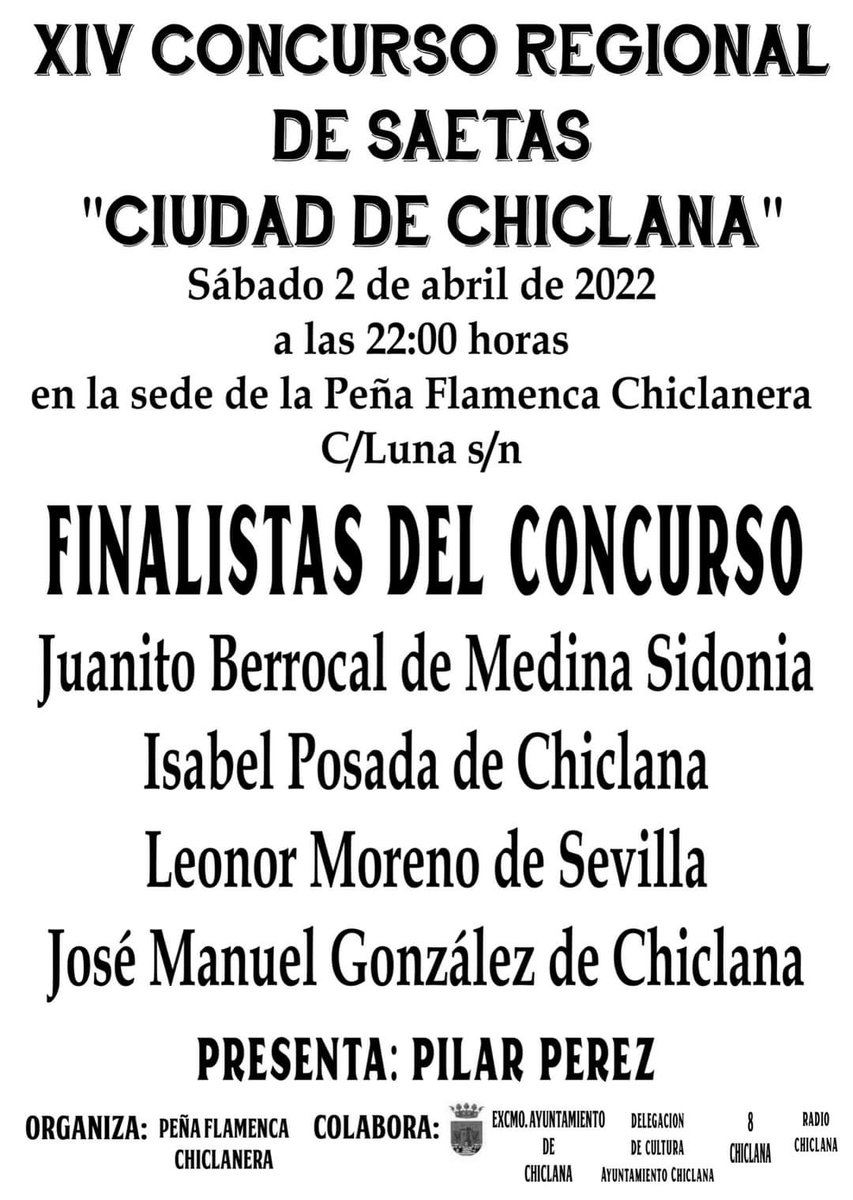 XIV Concurso Regional de Saetas "Ciudad de Chiclana"

La final será el 2 de abril en la Peña Flamenca Chiclanera, a las 22:00h.

Uso obligatorio de mascarilla para acceso y estancia en el local