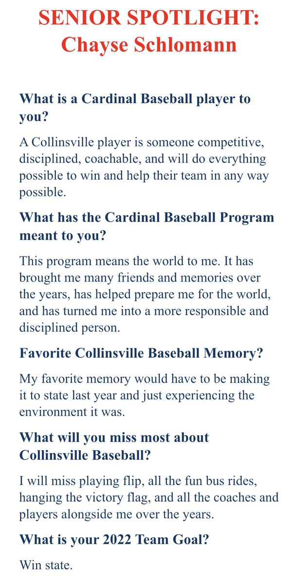 Collinsville Cardinal Baseball (@cvillecardsball) on Twitter photo Senior Spotlight- Chayse Schlomann
Chayse has been a two year starter in CF and on the mound for the Cardinals.
<a href="/cvilleathletes/">Cardinal Athletics</a> <a href="/cvillecards/">Collinsville HS</a> Senior Spotlight- Chayse Schlomann
Chayse has been a two year starter in CF and on the mound for the Cardinals.
<a href="/cvilleathletes/">Cardinal Athletics</a> <a href="/cvillecards/">Collinsville HS</a>