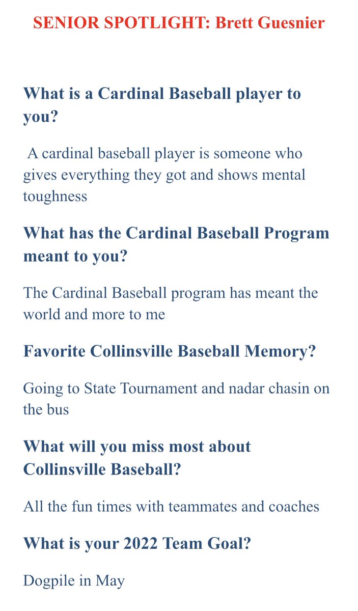 Collinsville Cardinal Baseball (@cvillecardsball) on Twitter photo Senior Spotlight- Brett Guesnier
Brett has been a pitcher on the Varsity for the last two years.
<a href="/cvilleathletes/">Cardinal Athletics</a> <a href="/cvillecards/">Collinsville HS</a> Senior Spotlight- Brett Guesnier
Brett has been a pitcher on the Varsity for the last two years.
<a href="/cvilleathletes/">Cardinal Athletics</a> <a href="/cvillecards/">Collinsville HS</a>