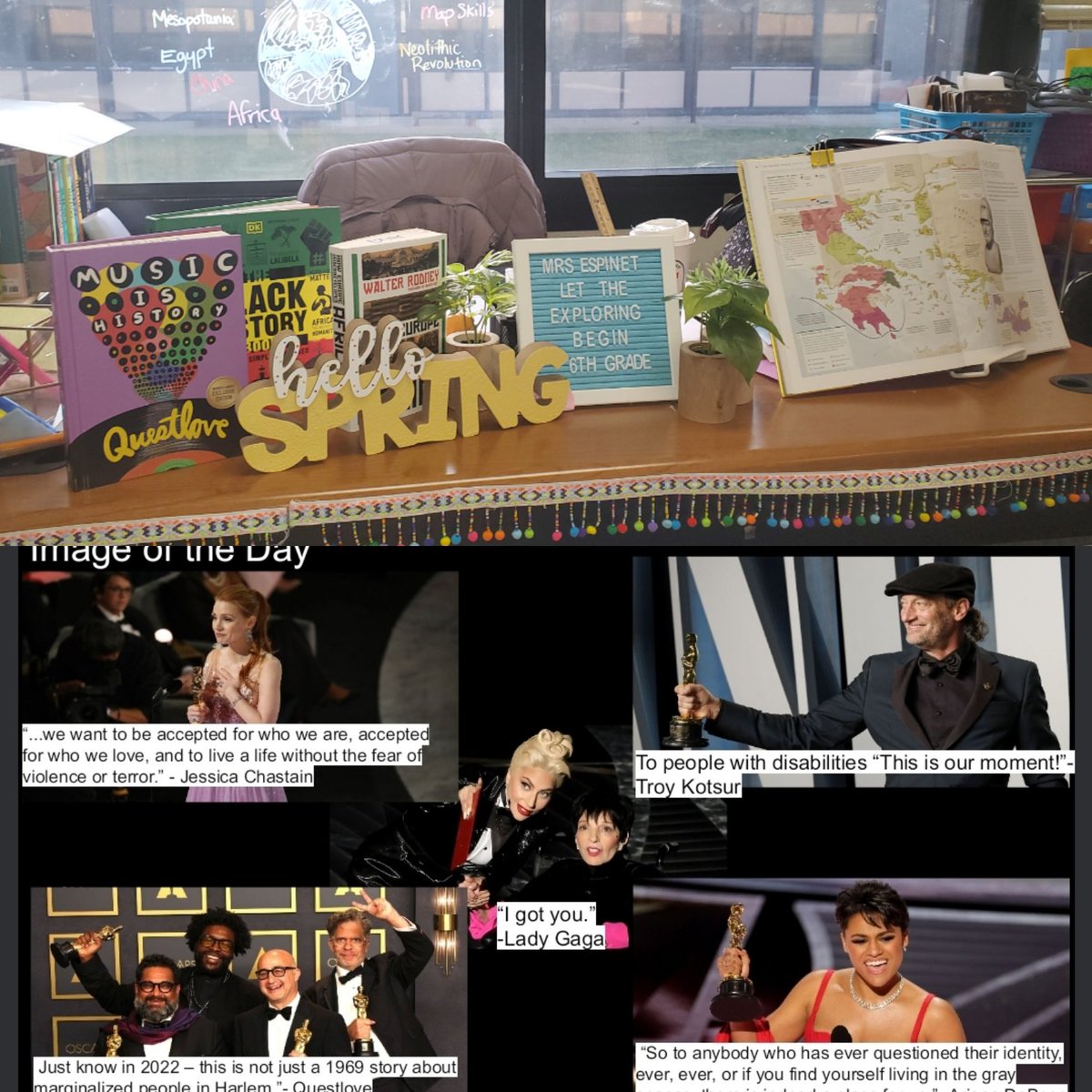 Thank you <a href="/questlove/">?st</a> <a href="/jes_chastain/">Jessica Chastain</a> <a href="/TroyKotsur/">Troy Kotsur</a> <a href="/ladygaga/">Lady Gaga</a> <a href="/ArianaDeBose/">🏵️</a> for providing a teachable moment that the Oscars were more than a slap in the face but a powerful reminder of representation, kindness, empathy, hardwork &amp; perseverance. #teachergoals