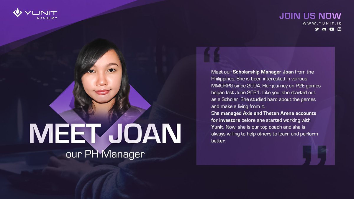 YunitGaming's tweet photo. Meet the Yunit team:

We start with Joan, our favorite coach and manager, from the Philippines🇵🇭

She is a very important part of the Yunit team and is the person in charge of teaching, helping and training the Yunit scholars👩🏽‍🏫

Welcome, Joan! @YUNIT_Jherdane https://t.co/u1fl07qvOR