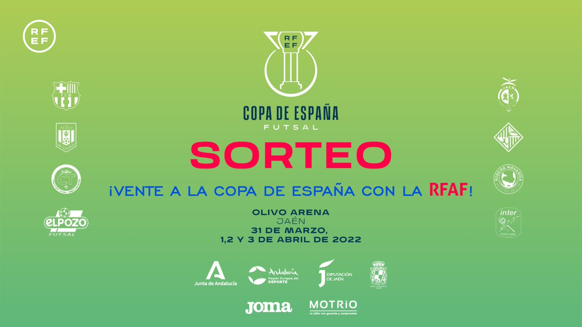 🏆 Quieres asistir a la #CopadeEspañaFutsal ❓

🎟️ Sorteamos 1 abono doble para todos los días ‼️

📝 Para participar: sigue a @rfaf, retuitea y etiqueta en comentarios con quién irás

🔚 Tienes hasta mañana a las 14h 

🥅 Disfruta del mejor #futsal en #Jaén

<a href="/SomosFutsal/">Nos gusta el FUTSAL</a>