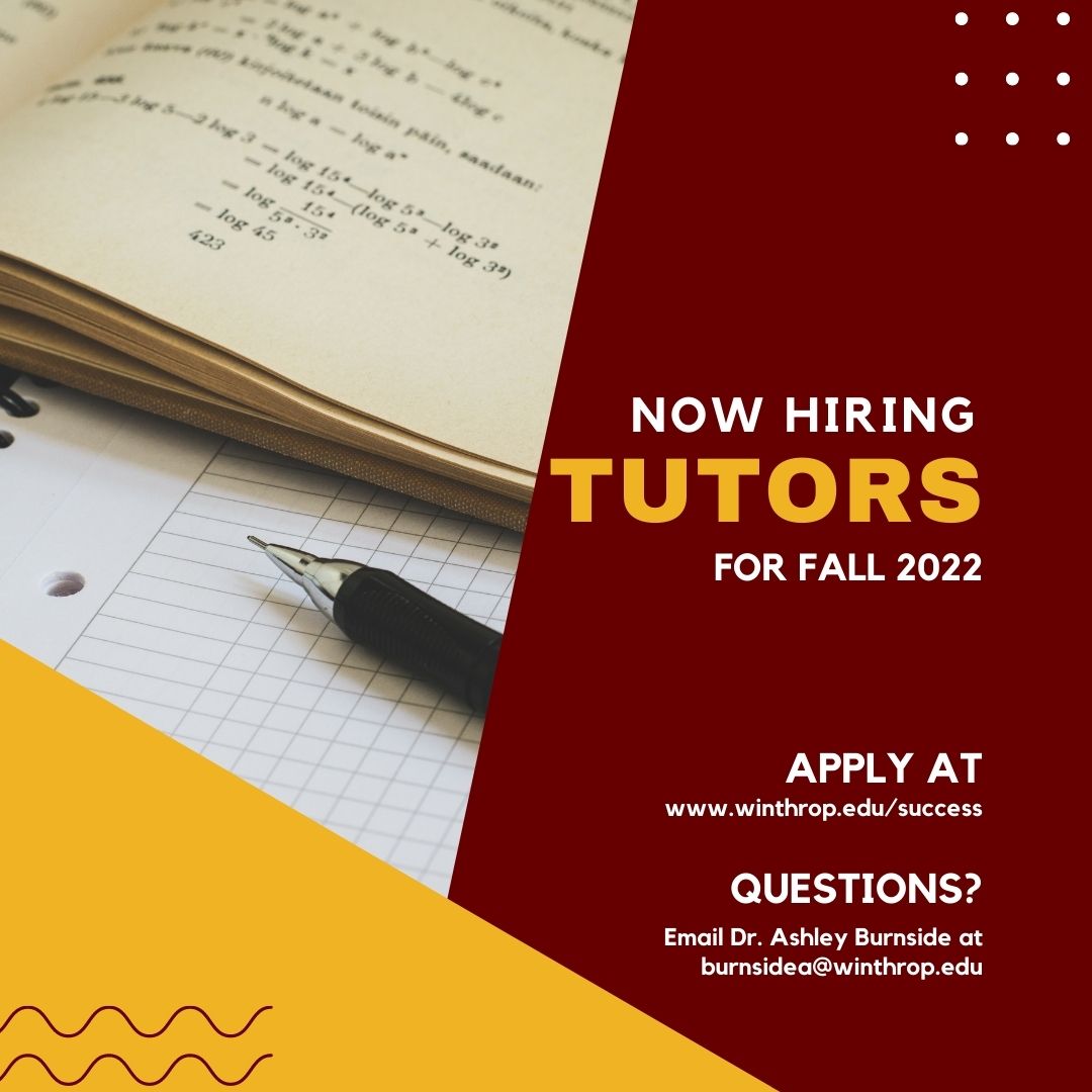 We want you! Consider applying to be a #winthrop ASC Peer Tutor for fall semester. The application is available at winthrop.edu/success under the Peer Tutoring Program tab.