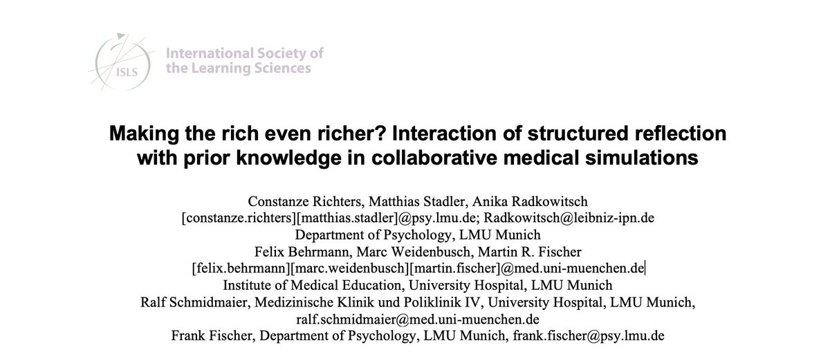 cc_richters's tweet photo. Making the rich even richer? Structured reflection improves collaborative diagnostic skills in medical simulations but only for advanced learners. How we @COSIMA_MUNICH investigated this in sub-project 6, you will find out at this year´s @isls2022. Stay tuned!🥳✨ https://t.co/okeS9Mktsq