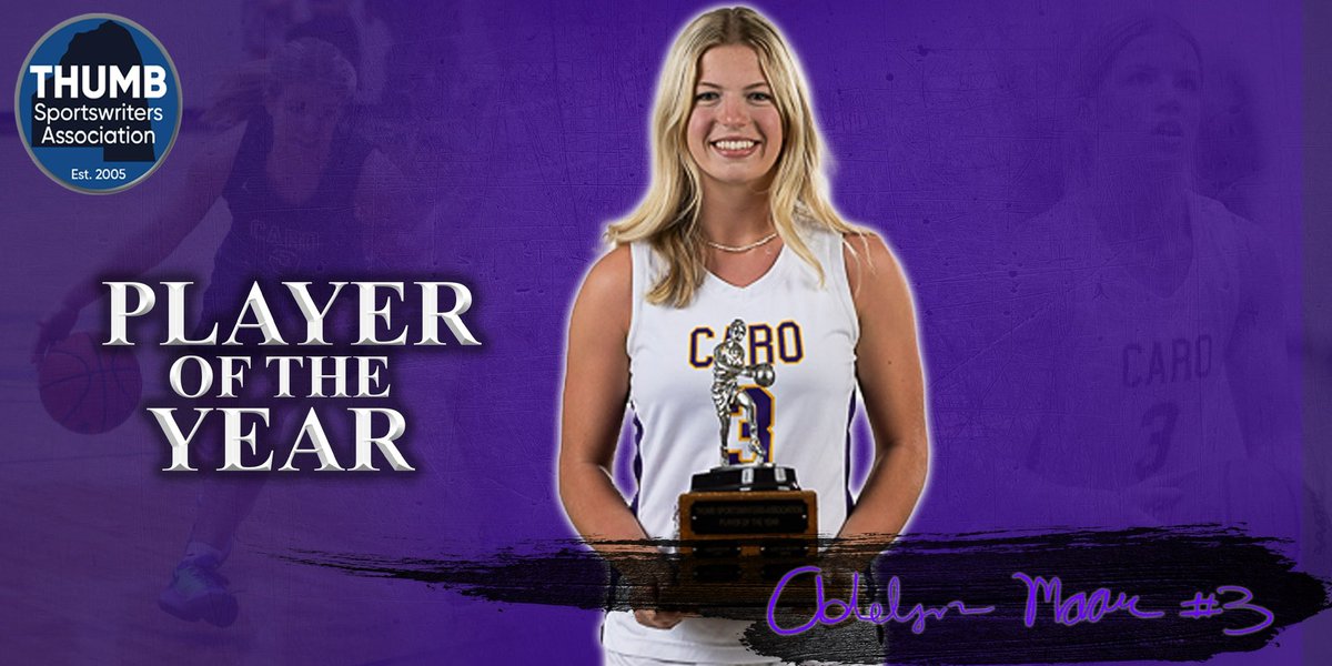 LetsTalkSports3's tweet photo. Caro junior Adelyn Moore is the 21-22 All-Thumb Player of the Year.

This is the third time Moore has won the award, joining Marlette’s Jenna Hirsch as the only three-time POY award winner. https://t.co/plJwsnxsRt