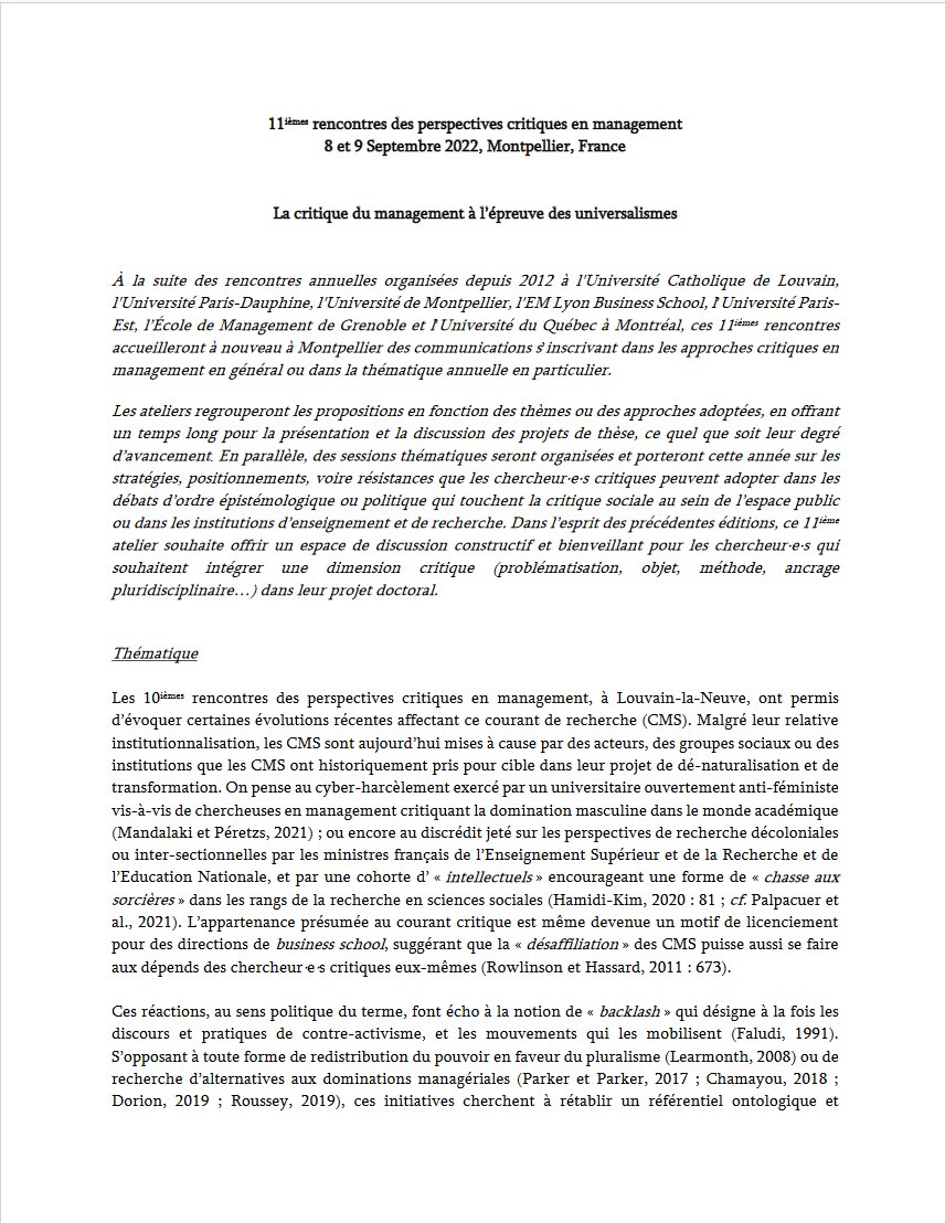 AAA - Atelier doctoral

La critique du management à l’épreuve des universalismes – 11èmes rencontres des perspectives critiques en management – 8 et 9 septembre 2022 – Montpellier, FRANCE

perspectivescritiquesenmanagement.org/2022/03/29/la-…