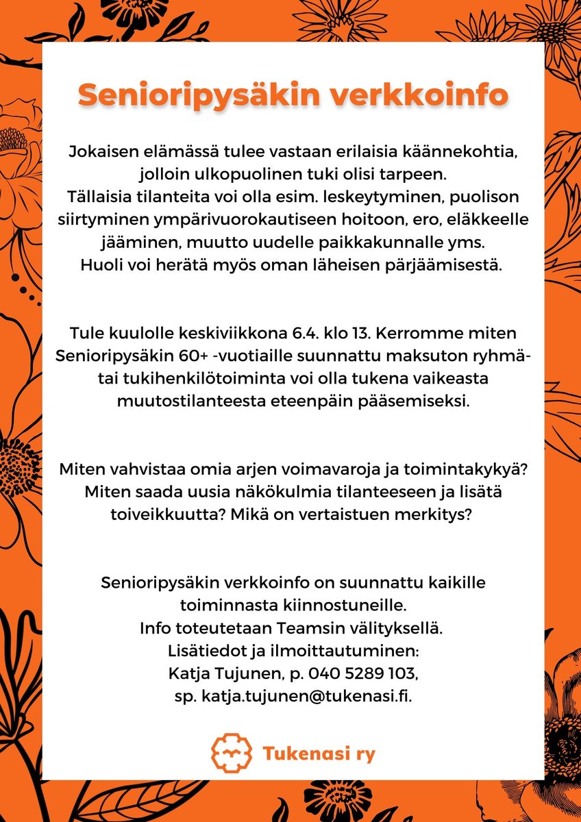 Elämässä tulee vastaan käännekohtia, jolloin ulkopuolinen tuki on tarpeen. Tule kuulolle verkkoinfoon ke 6.4. klo 13. Kerromme silloin, millaista tukea Turun <a href="/senioripysakki/">Senioripysäkki - Turku</a> tarjoaa vaikeasta muutostilanteesta eteenpäin pääsemiseksi. <a href="/tukenasi/">Tukenasi ry</a> <a href="/TykkaaTKU/">Tykkää turkulaisesta!</a>