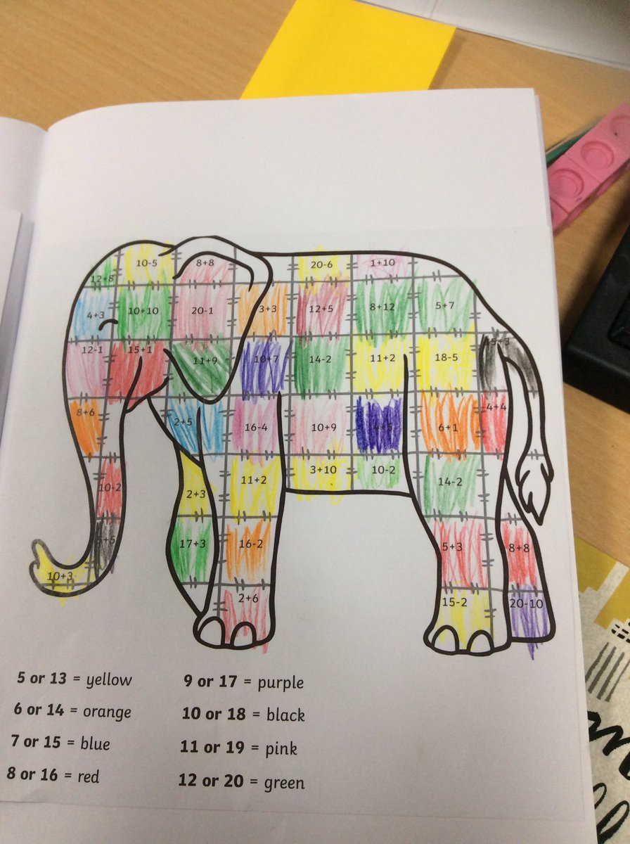 StBernardsep's tweet photo. T1 have been working hard answering the number sentences to colour in Elmer #stbMaths https://t.co/xQifxSYqU7