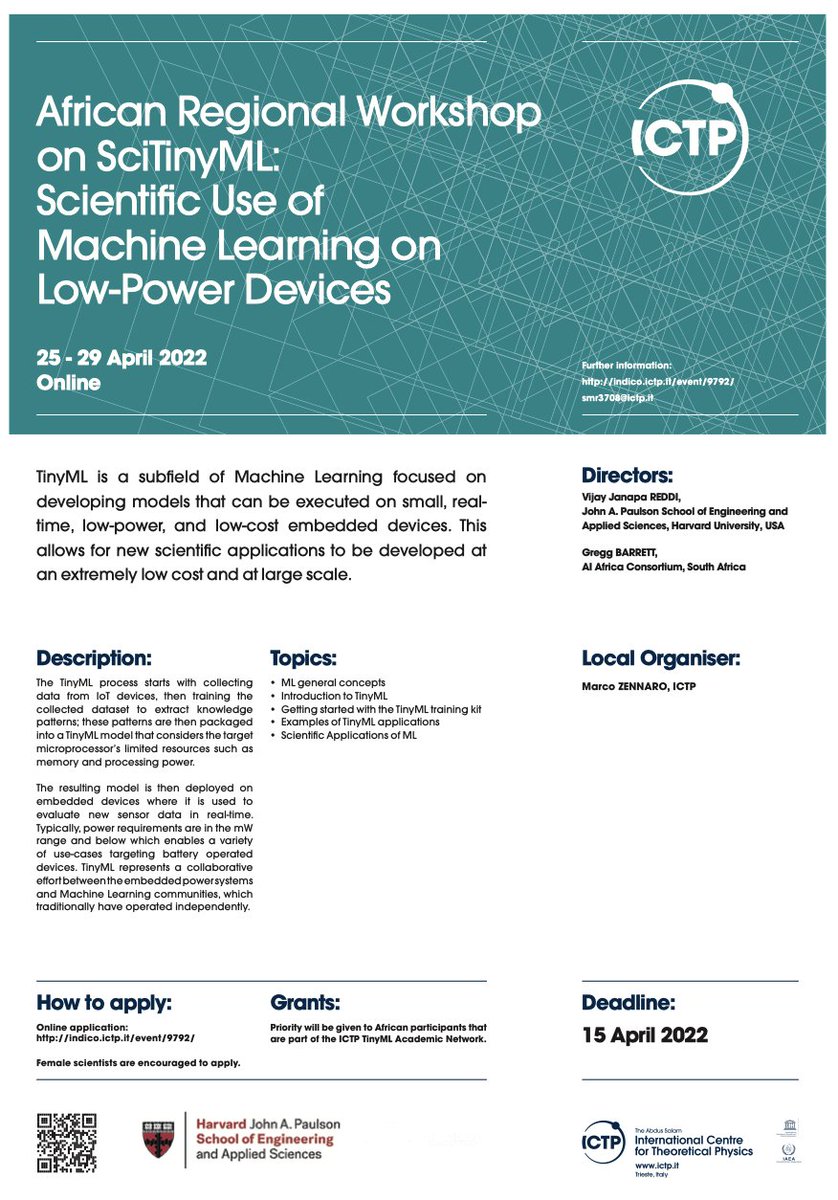 marcozennaro's tweet image. Applications for the online “African regional workshop on SciTinyML: Scientific Use of Machine Learning on Low-Power Devices” are now open. 25 to 29 April 2022. Apply here: indico.ictp.it/event/9792/ @ictpnews #TinyML #IoT4D