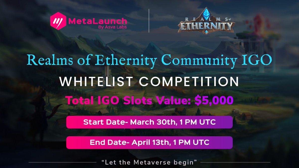 Asva Riders! It's Time!! 

@realmsofeth Community Round IGO Whitelist Registration on @Metalaunch_io is now LIVE🔴

💰 Total #IGO slot value : $5,000

👉 Join here: app.metalaunch.io/project-detail…

✅️How to participate : asvalabs.medium.com/c1414d88e2e6

🤩Let's goooo 🌙