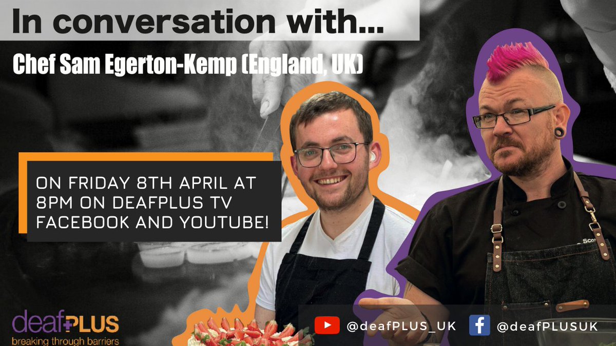 deafPLUS_UK's tweet photo. 📺 DeafPLUS TV

Tune in on our Facebook page or YouTube Channel on Friday 8th April at 8pm to watch a new episode of Punk Chef in conversation with… Chef Sam Egerton-Kemp (England, UK).

Don't hesitate to share with your friends 😊.

#deafPLUSTV #BSL #PunkChef https://t.co/Ze9PoWOZOC